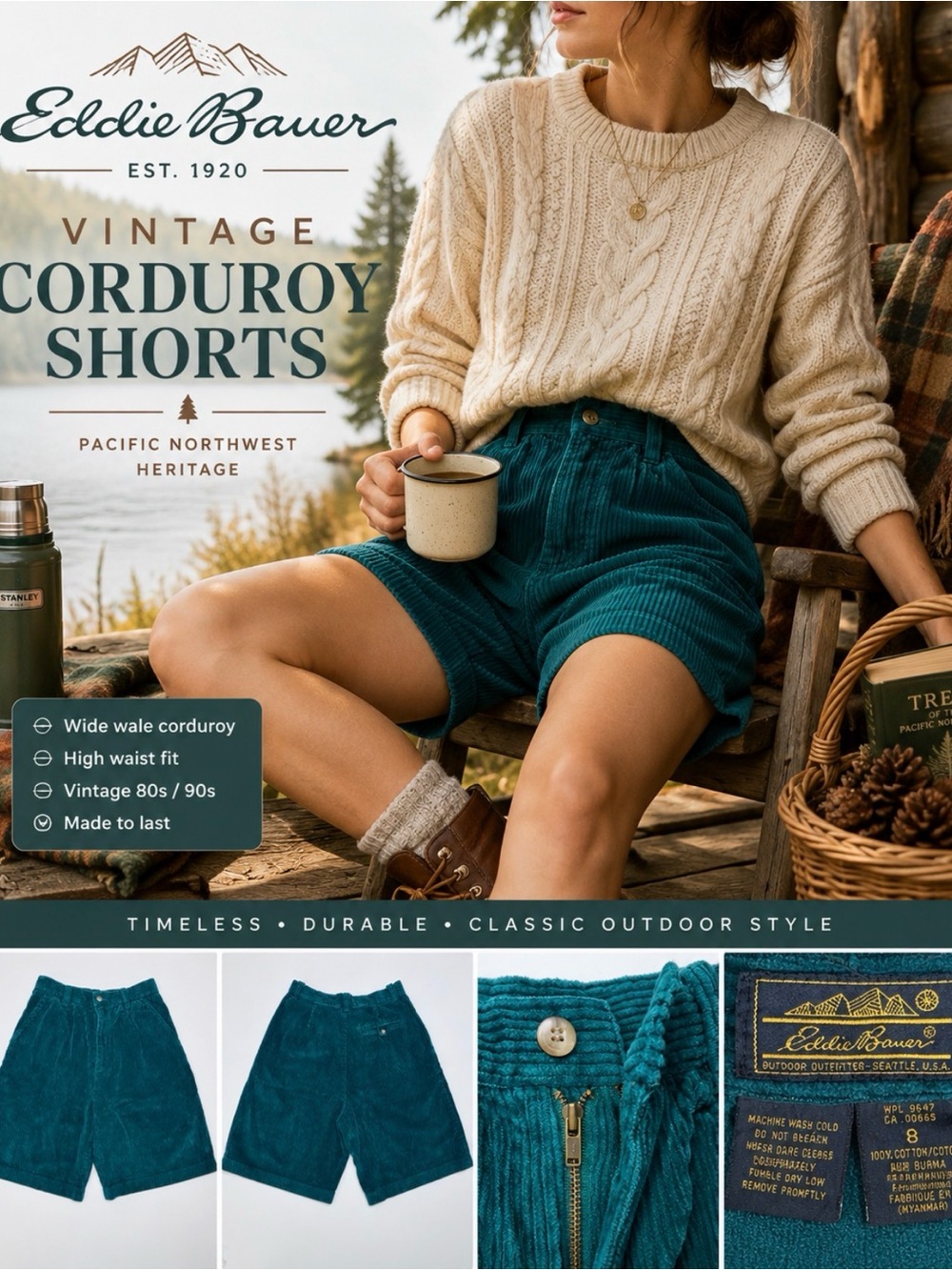 VINTAGE EDDIE BAUER TEAL CORDUROY SHORTS WOMENS 8 HIGH RISE HERITAGE GORPCORE